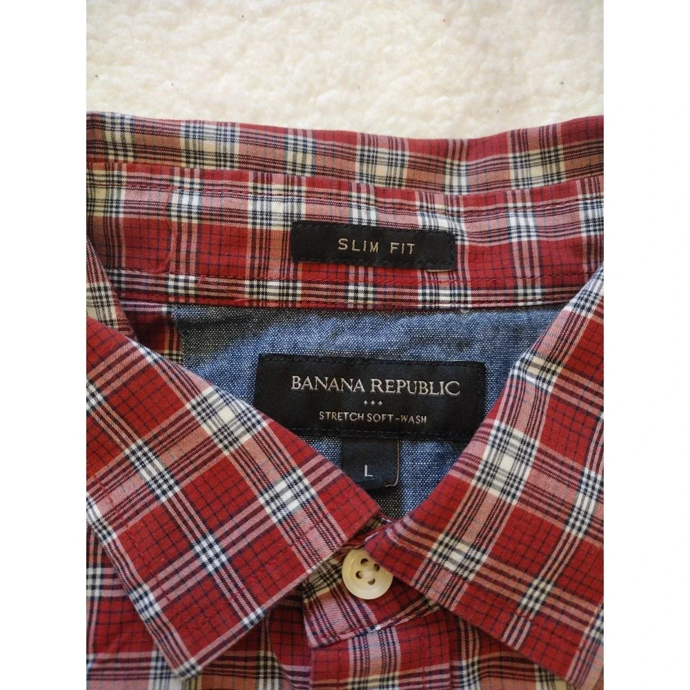 Banana Republic Shirt Mens Large Red Plaid Soft Wash Slim Fit‎ Button Up Preppy